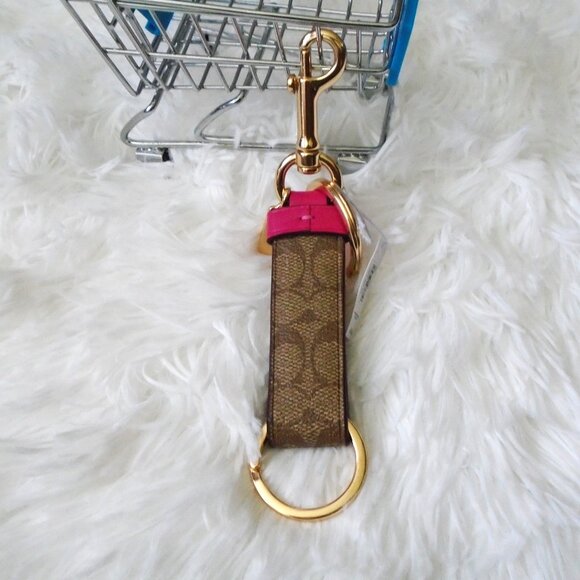 Coach Trigger Snap Bag Charm Keychain Khaki Pink Gold - Picture 2 of 8